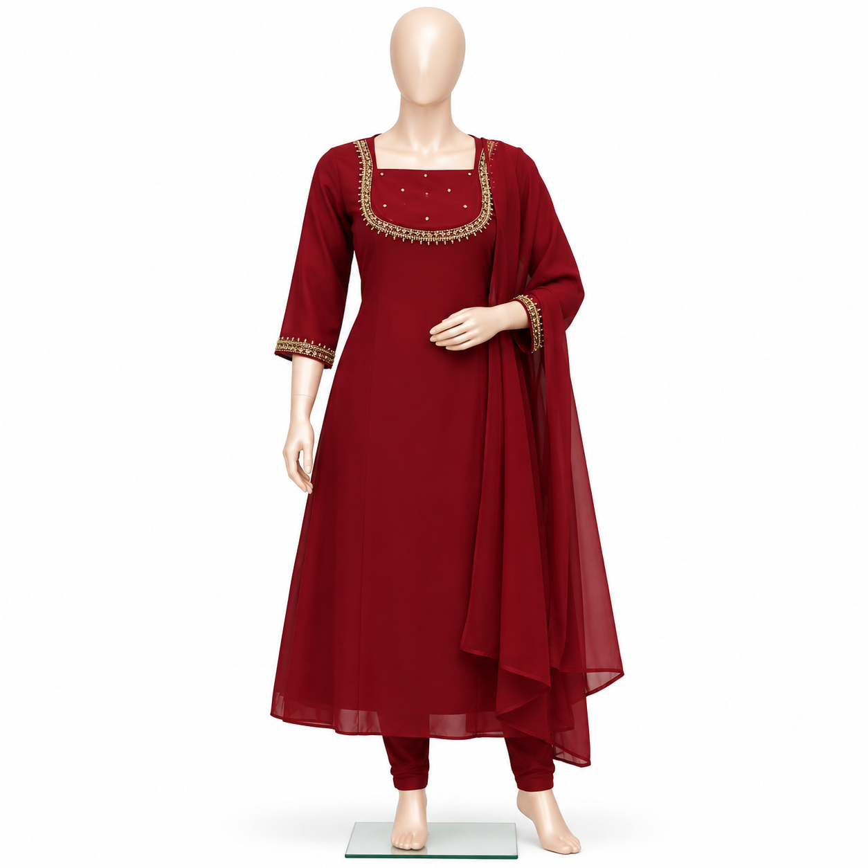 240926b Churidar Set, Maroon, Georgette