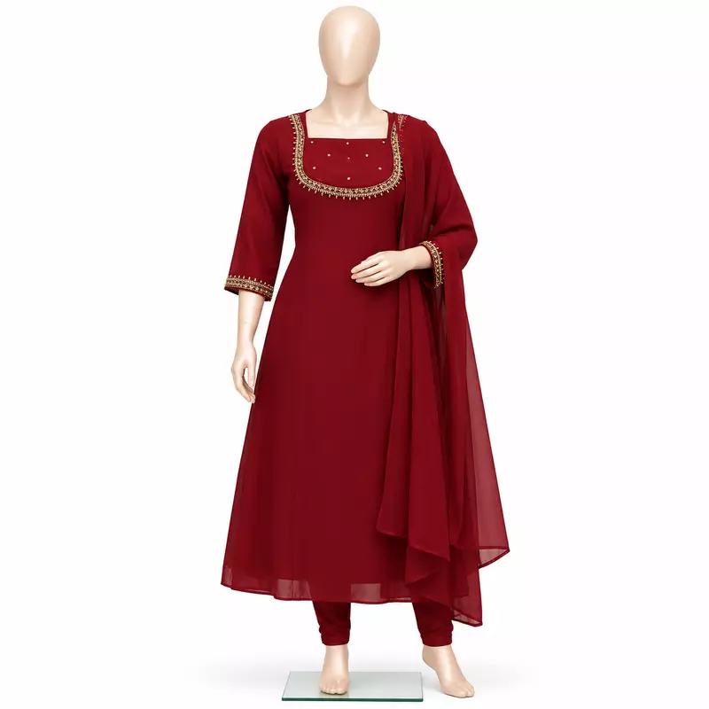 240926b Churidar Set, Maroon, Georgette