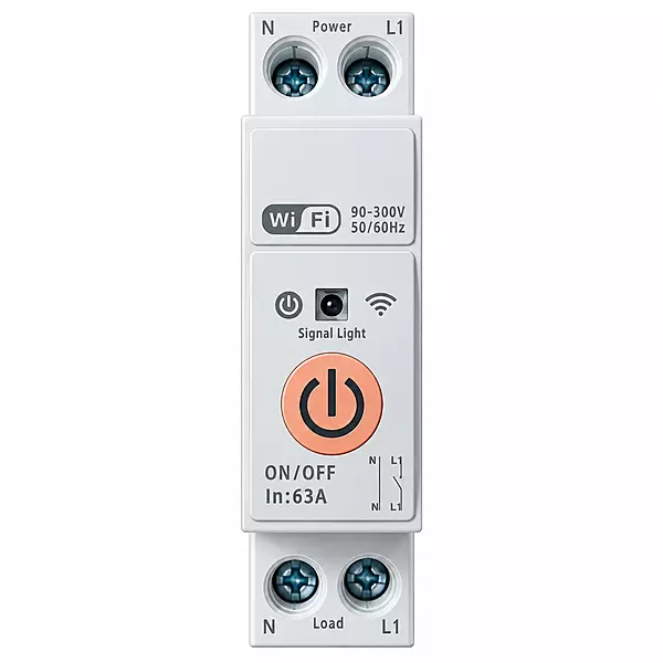 63A WiFi DIN Rail Smart Switch 1P+N, 90–300V, Energy Monitoring & Protection