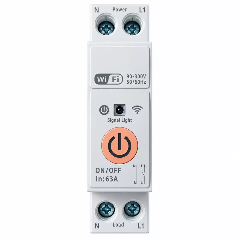 63A WiFi DIN Rail Smart Switch 1P+N, 90–300V, Energy Monitoring & Protection