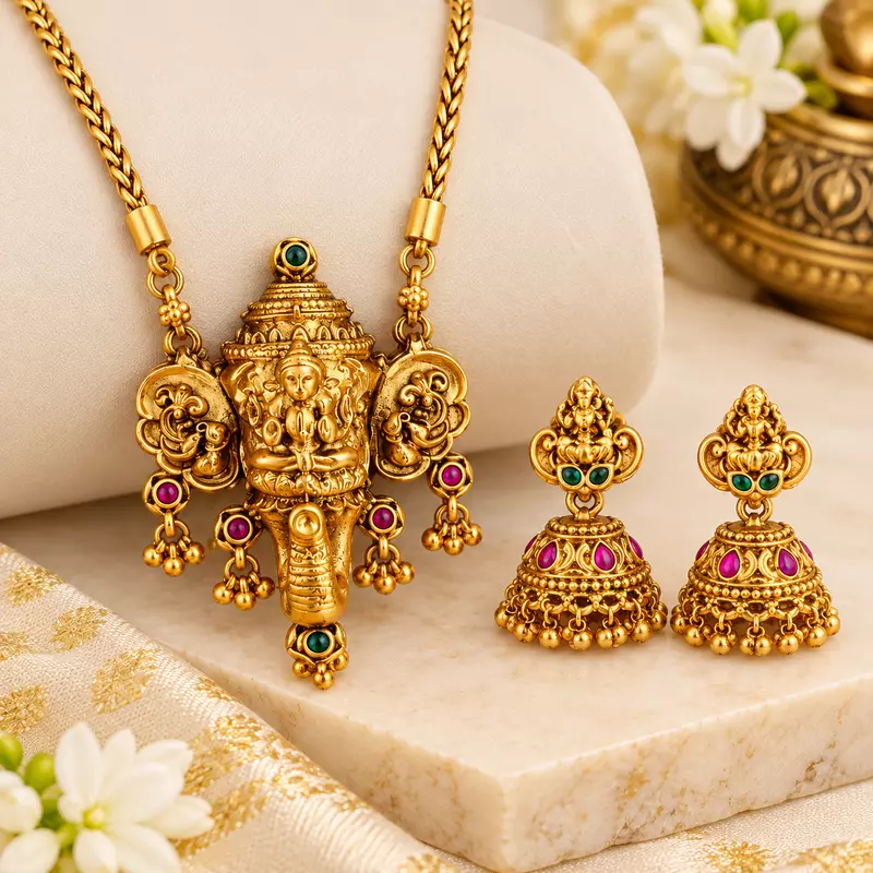 Traditional Gold-Plated Ganesha Pendant Necklace with Matching Jhumka Earrings for Women