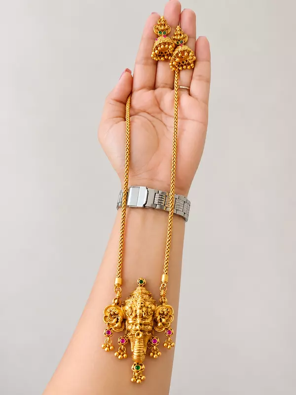 Traditional Gold-Plated Ganesha Pendant Necklace with Matching Jhumka Earrings for Women