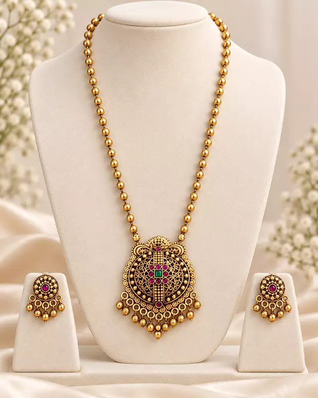 Traditional Gold-Plated Temple Style Pendant Necklace Set with Matching Earrings for Women