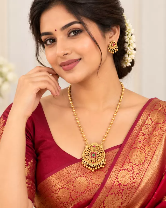 Traditional Gold-Plated Temple Style Pendant Necklace Set with Matching Earrings for Women