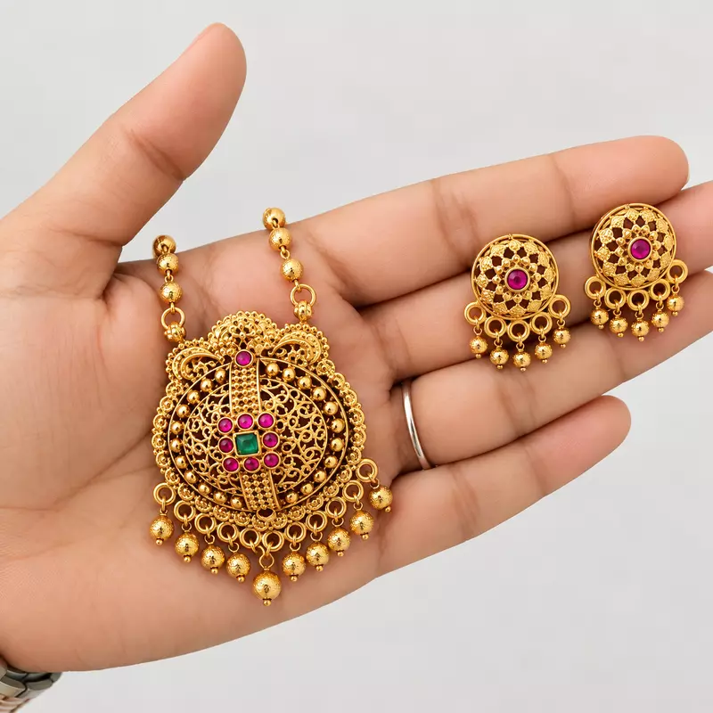 Traditional Gold-Plated Temple Style Pendant Necklace Set with Matching Earrings for Women