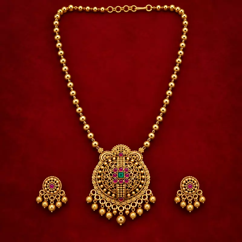 Traditional Gold-Plated Temple Style Pendant Necklace Set with Matching Earrings for Women