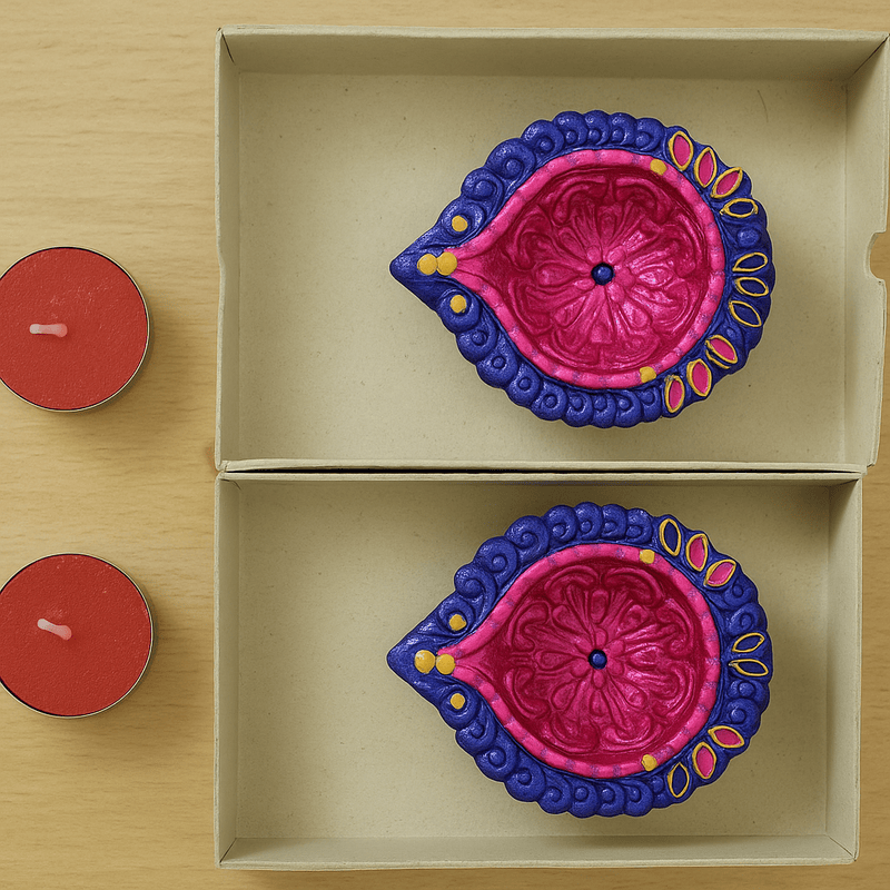 Vibrant Handcrafted Decorative Diyas with Tealight Candles – Set of 2