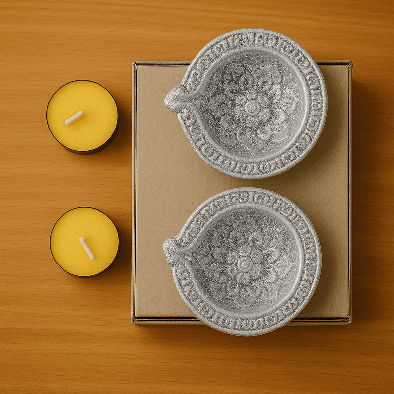 Handcrafted White/Silver Decorative Diyas with Tealight Candles – Set of 2