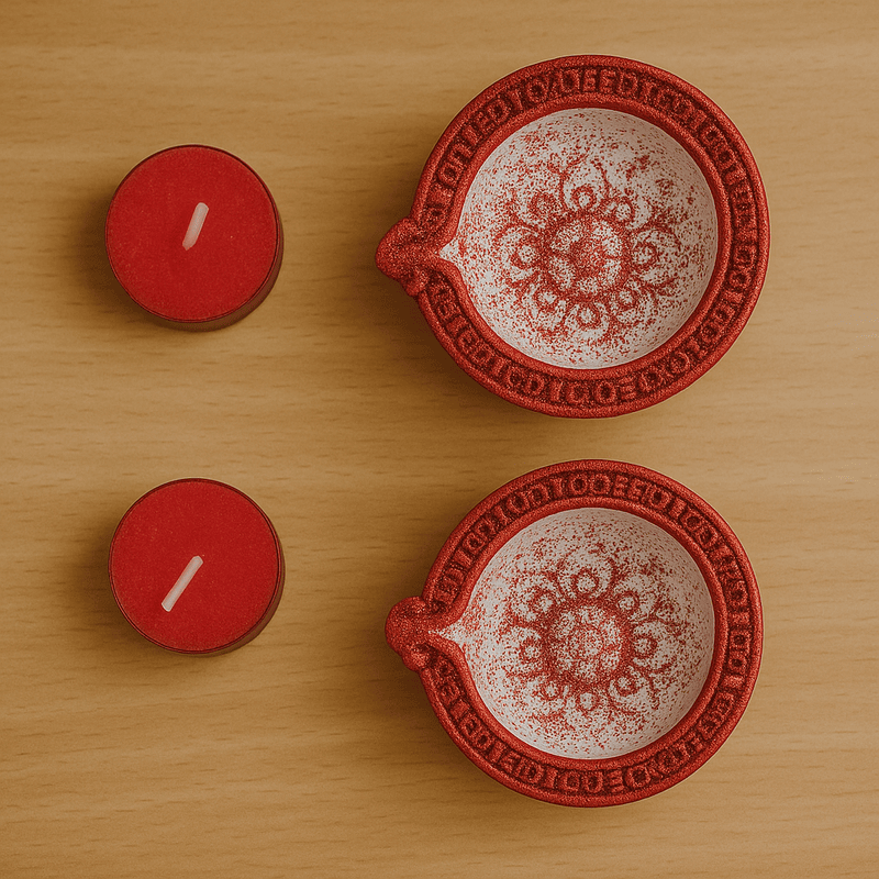 Handcrafted Red & White Decorative Diyas with Tealight Candles – Set of 2