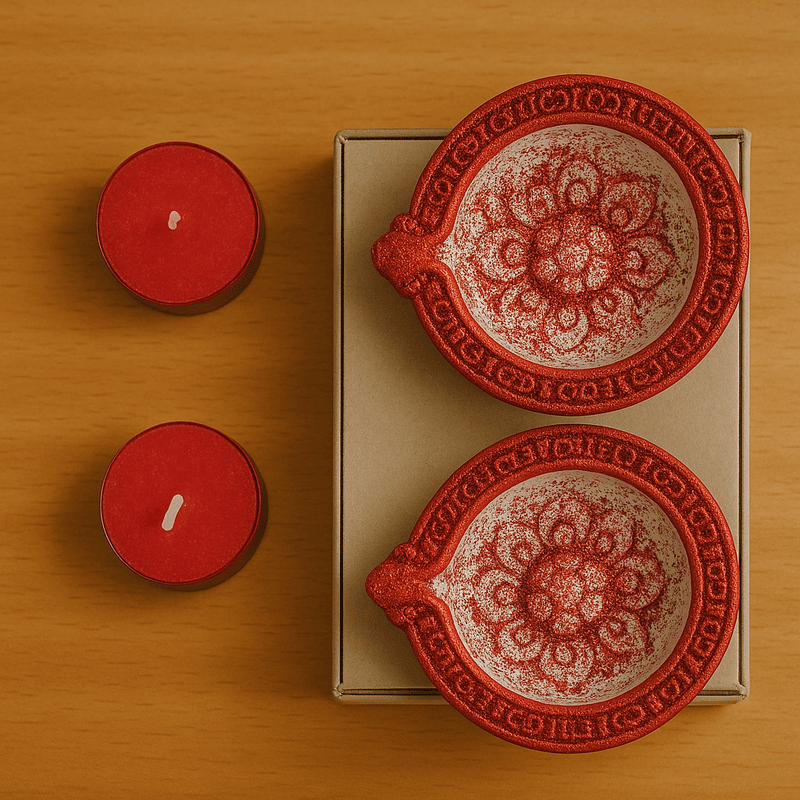 Handcrafted Red & White Decorative Diyas with Tealight Candles – Set of 2