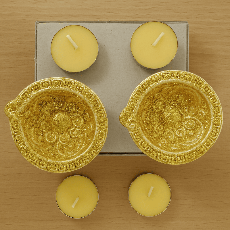 Golden Decorative Diyas with Tealight Candles – Set of 2