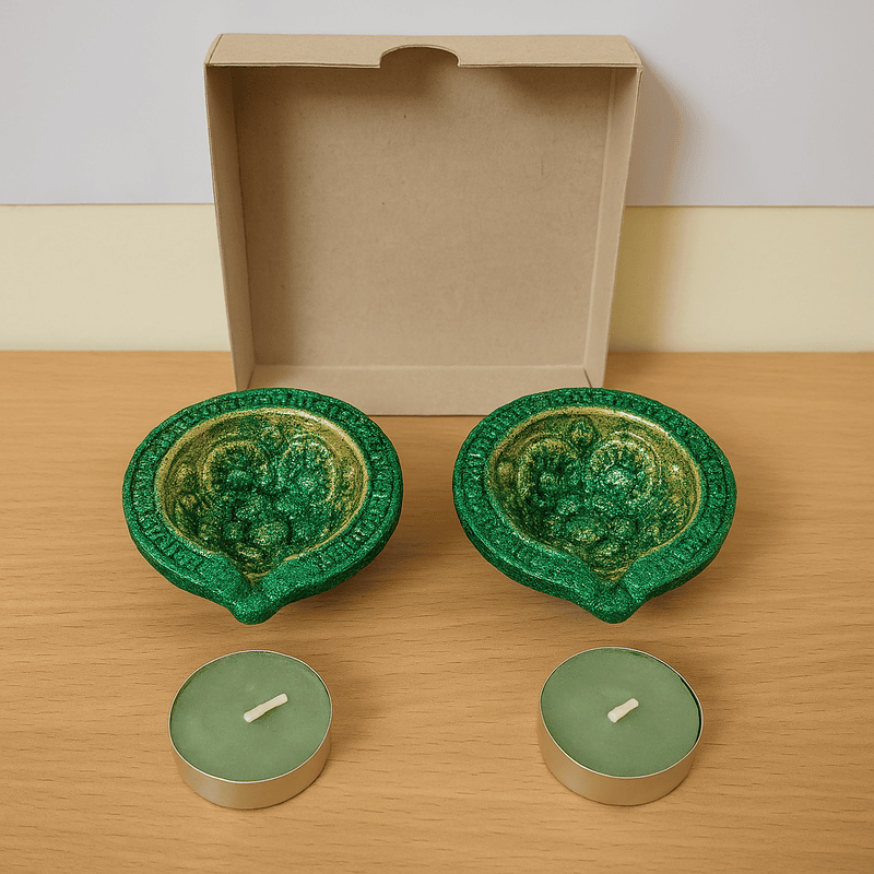 Handcrafted Green Decorative Diyas with Tealight Candles – Set of 2