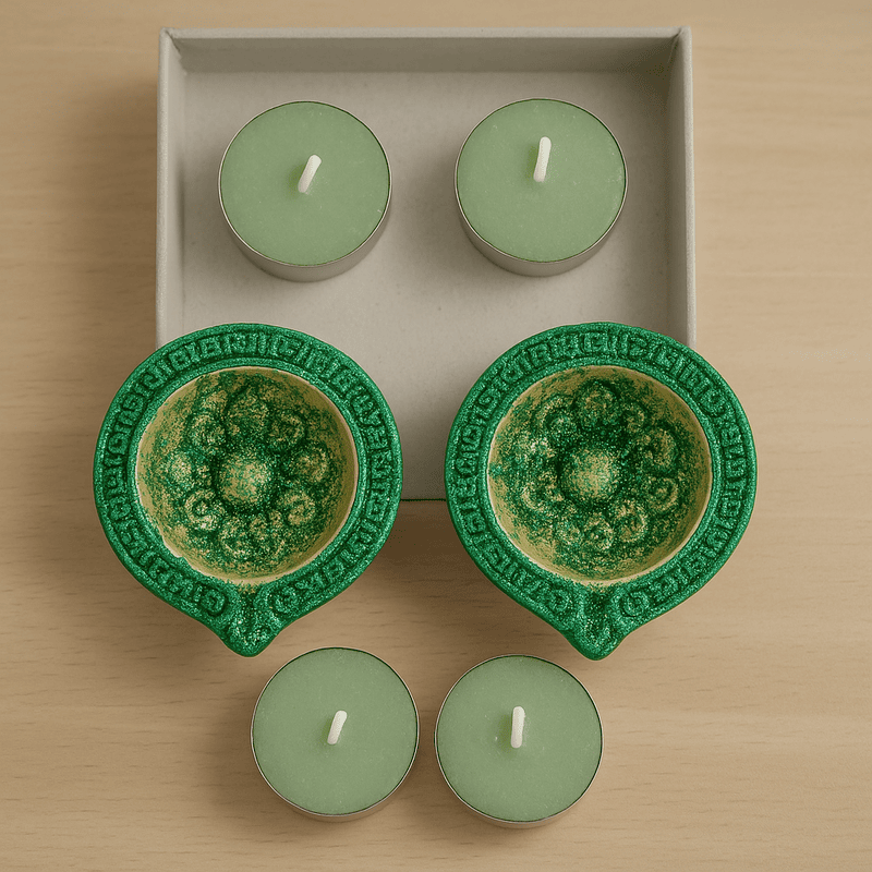 Handcrafted Green Decorative Diyas with Tealight Candles – Set of 2