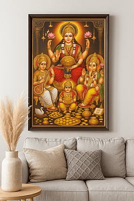 Premium Laxmi Ganesh Photo Frame with Golden Patti | High Gloss Religious Wall Art | MDF Wood Back | Ideal for Diwali Puja, Home & Office Decor