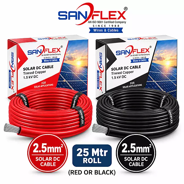 2.5mm² Solar DC Cable (Red or Black) Tinned Copper | 1.5kV PV Cable [Sanflex] - 25 Mtr Roll