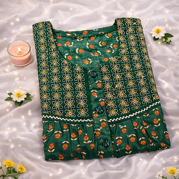 Forest Green Cotton Pleated Nighty With Floral Design From Libas Loungewear - PLT283