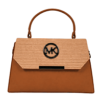 Tan Brown Textured Top Handle Handbag with Logo Accent