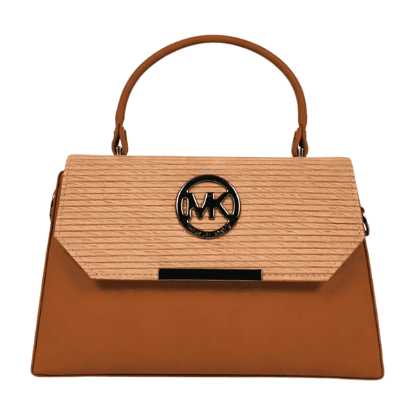 Tan Brown Textured Top Handle Handbag with Logo Accent