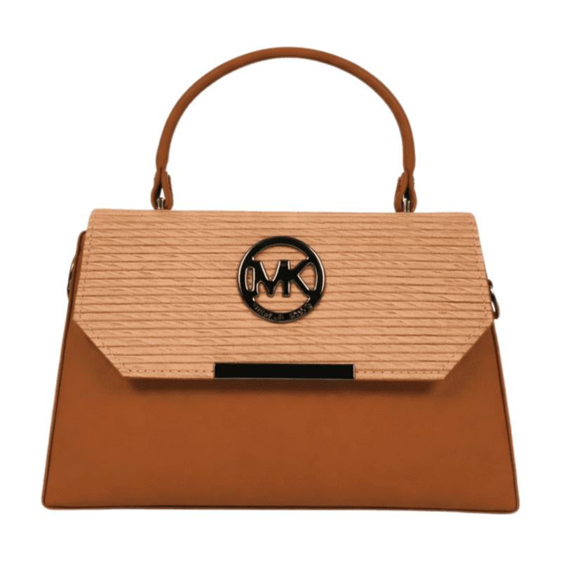 Tan Brown Textured Top Handle Handbag with Logo Accent