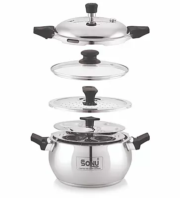 Sonu Chefmate Stainless Steel Multicooker Pressure Cooker (5.4 Litres) - All-in-One Steamer & Idli Maker