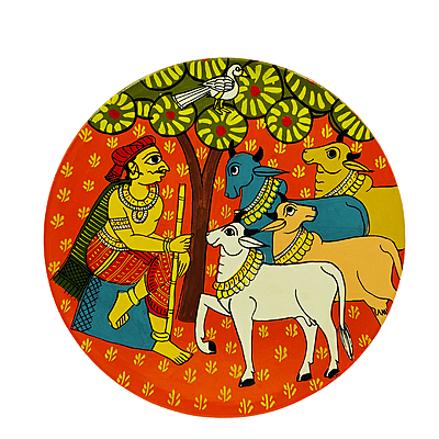Cherial Cowherd Sitting With Cattle Painting Telangana Folk Art Wall Plate Cherial Cowherd Sitting With Cattle Painting Telangana Folk Art Wall Plate