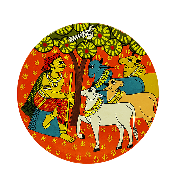 Cherial Cowherd Sitting With Cattle Painting  Telangana Folk Art Wall Plate