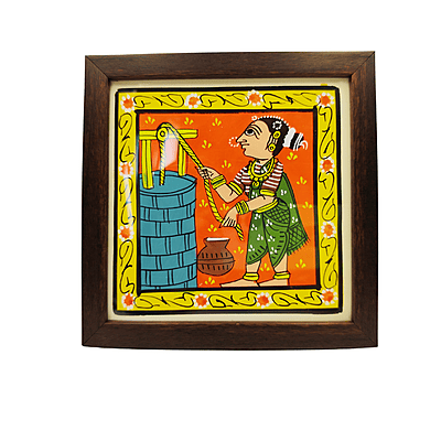 Cherial Painting – Village Woman at Well  Handpainted Telangana Folk Art Wall Frame 18x1.5x18 CM
