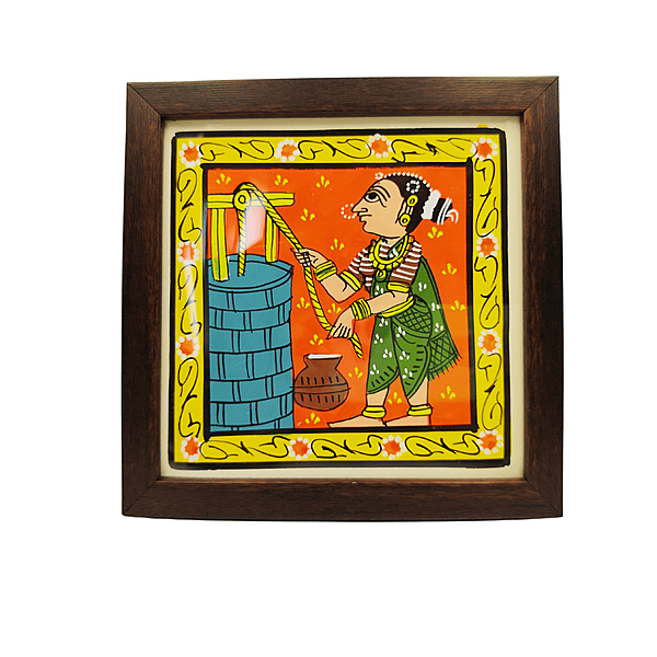 Cherial Painting – Village Woman at Well  Handpainted Telangana Folk Art Wall Frame 18x1.5x18 CM
