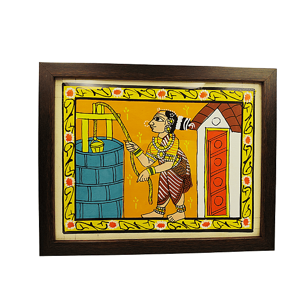 Cherial Painting – Village Woman at Well Wall Frame  Telangana Folk Art 25x1.5x20
