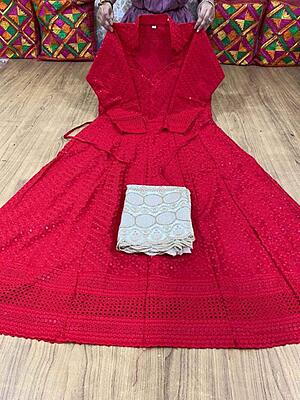 Chikan Anarkali Zari Palazzo-Red Chikan Anarkali Zari Palazzo-Red