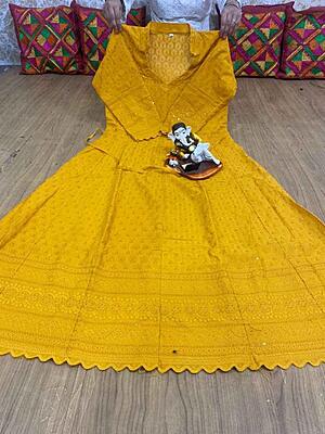 Chikan Embroidered Anarkali-Mustard Chikan Embroidered Anarkali-Mustard