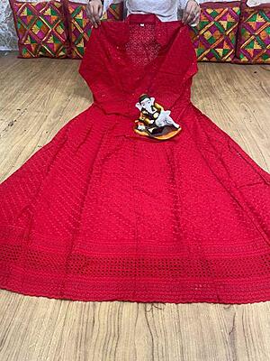 Chikan Embroidered Anarkali-Red Chikan Embroidered Anarkali-Red