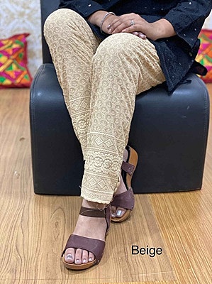 Chikan Embroidered Pant - Beige