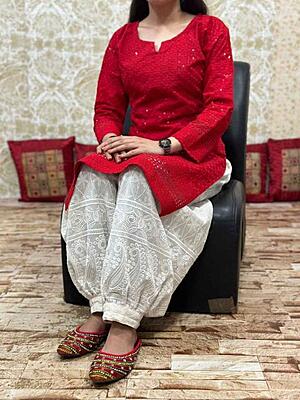 Chikan Kurti Afghani Salwar Set Catalogue 1-Red Chikan Kurti Afghani Salwar Set Catalogue 1-Red