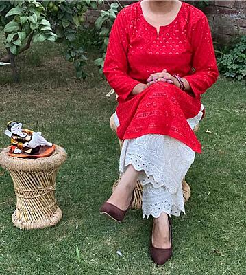 Chikan Kurti Cutwork Mastani Set-Red