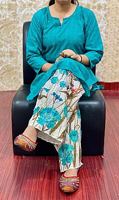 Chikan Kurti Digital Palazzo Set-Rama Chikan Kurti Digital Palazzo Set-Rama