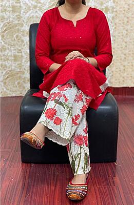 Chikan Kurti Digital Palazzo Set-Red Chikan Kurti Digital Palazzo Set-Red
