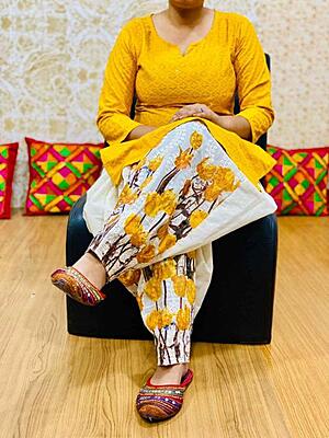 Chikan Kurti Digital Salwar-Mustard