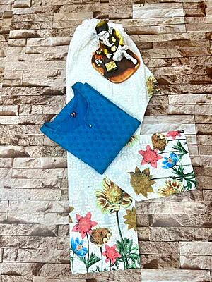 Chikan Kurti With Chikan Digital Printed Floral Palazzo-Blue