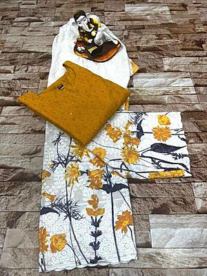 Chikan Kurti With Chikan Digital Printed Floral Palazzo-Mustard