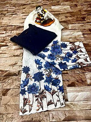 Chikan Kurti With Chikan Digital Printed Floral Palazzo-NavyBlue