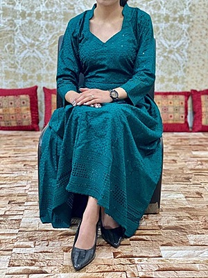 Chikan Schiffly Dress-BottleGreen Chikan Schiffly Dress-BottleGreen