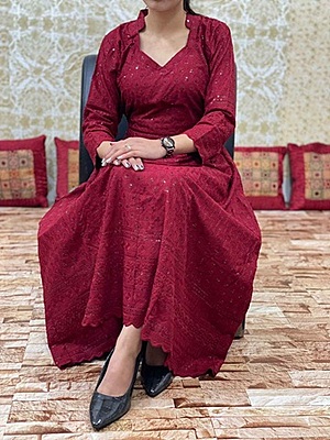 Chikan Schiffly Dress-Maroon Chikan Schiffly Dress-Maroon