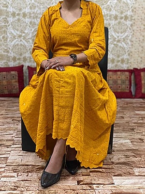 Chikan Schiffly Dress-Mustard Chikan Schiffly Dress-Mustard
