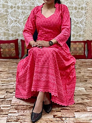 Chikan Schiffly Dress-Peach Chikan Schiffly Dress-Peach