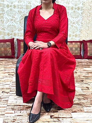 Chikan Schiffly Dress-Red Chikan Schiffly Dress-Red