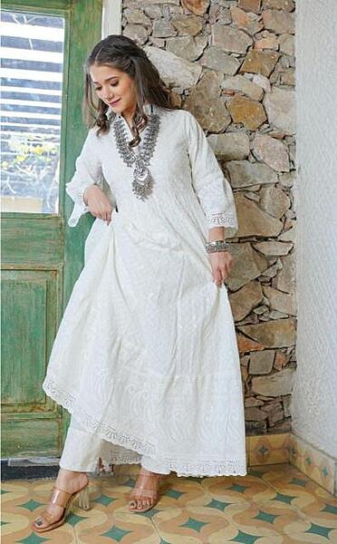 Chikankari Schiffli Gown Pant Set With Crochet Lace-OffWhite-1
