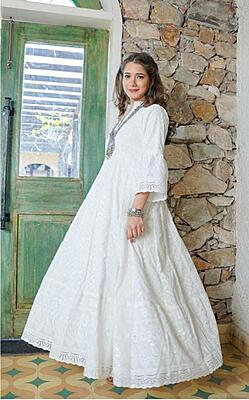 Chikankari Schiffli Gown Pant Set With Crochet Lace-OffWhite-3