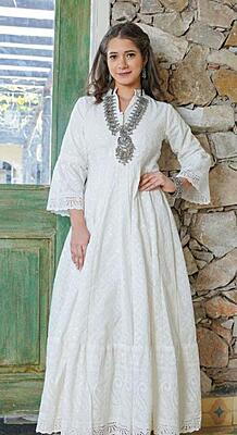 Chikankari Schiffli Gown Pant Set With Crochet Lace-OffWhite-4