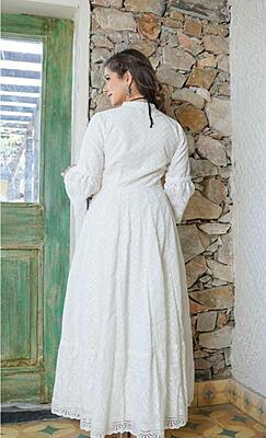 Chikankari Schiffli Gown Pant Set With Crochet Lace-OffWhite-6